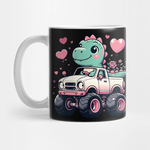 Cute Girls Kids Valentines Day Dinosaur Riding Monster Truck by jadolomadolo